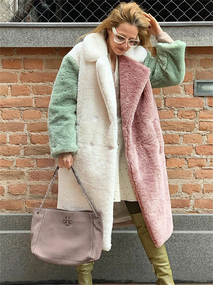 Thicken Patchwork Faux Fur Overcoat Warm Rex Rabbit Furs Mid-length Coats Luxury Plus Size Jacket Winter Women Fashion Chaquetas