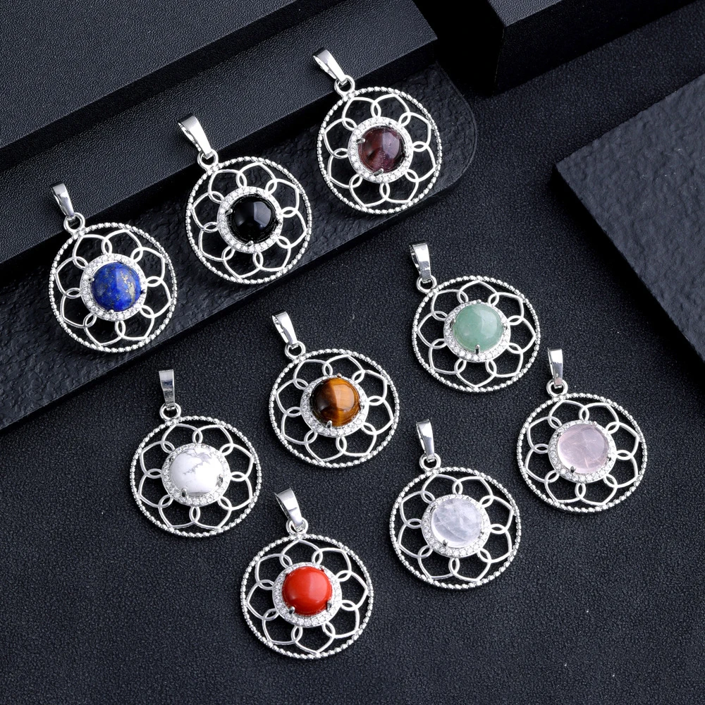 

10pcs Hollow Sunflower Shape Natural Stone Pendant Opal Rose Quartzs Crystal Tiger Eye Obsidian Charms for Jewelry Making