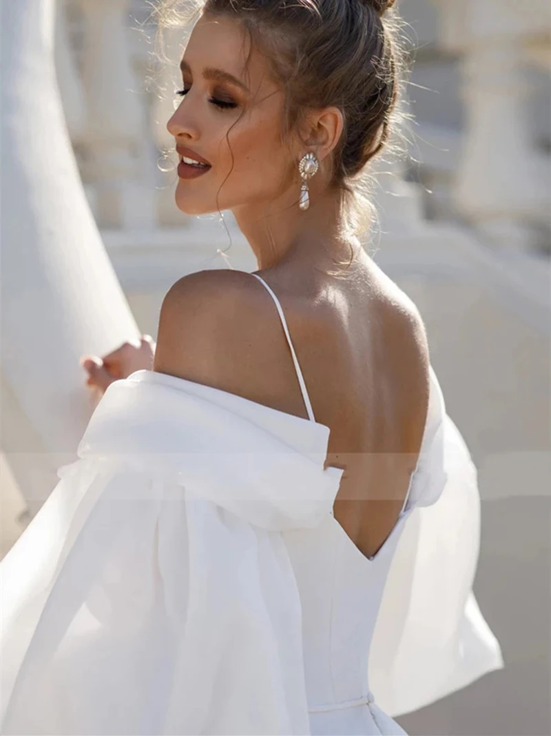 Modern Sexy Side Split Wedding Dresses Off Shoulder Sleeves  Gowns V Neckline with Straps Bridal  Simple On Sale