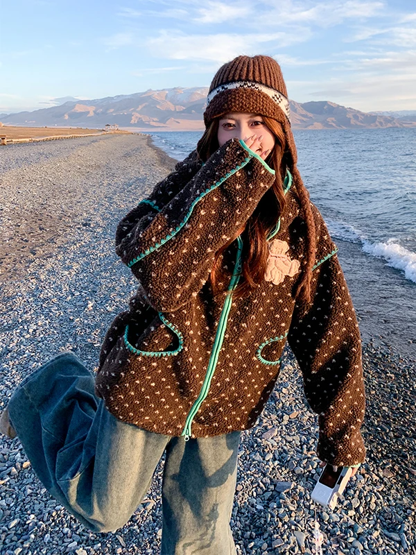 Damska kurtka z futra jagnięcego z nadrukiem niedźwiedzia, kolorowa, jesienno-zimowa, ocieplana, z podszewką z jagnięcej aksamitu, puszysta, do pracy, elegancka...