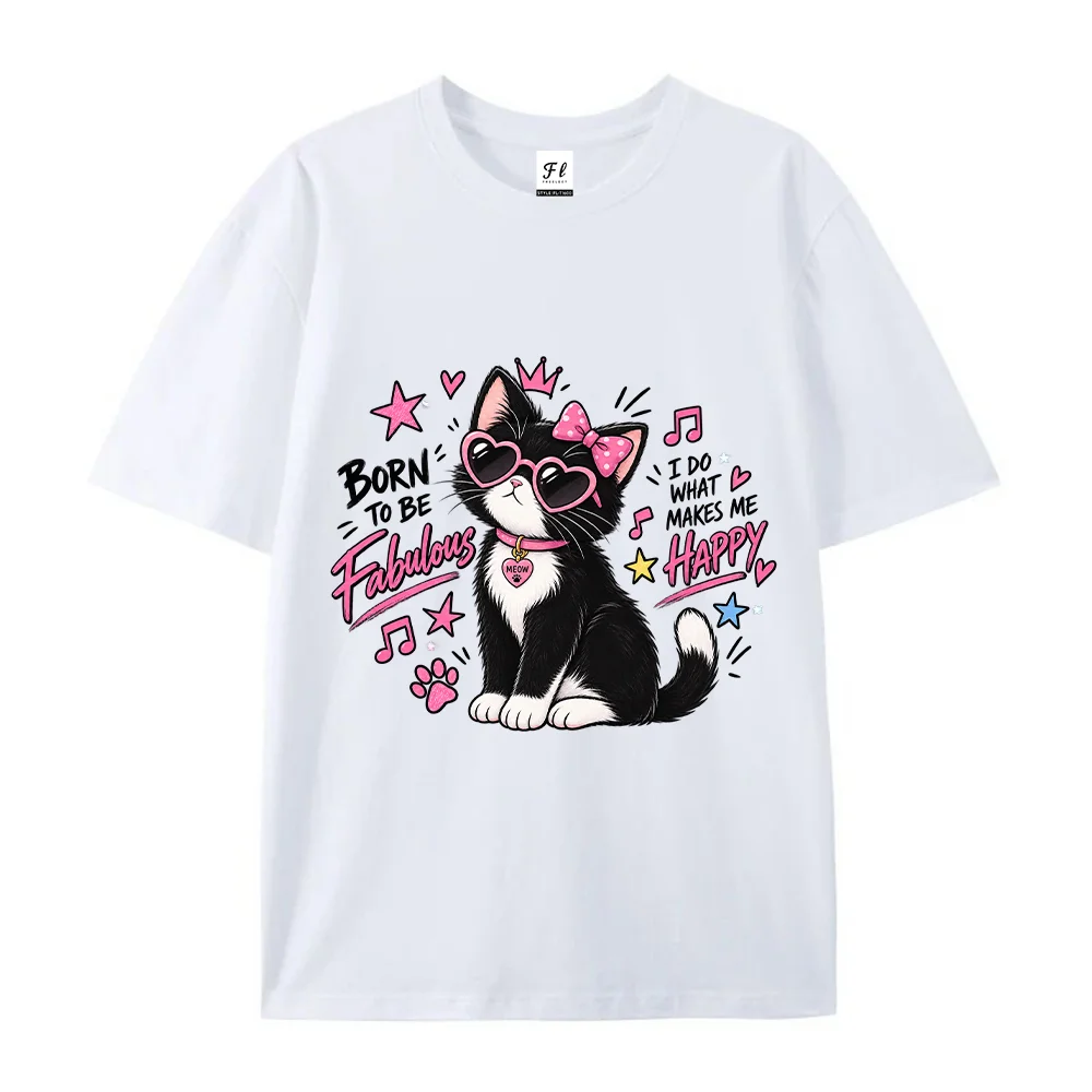 Women Graphic T‑Shirts Cute Cat Bow Sunglasses Star Music Note Print Crew Neck Short Sleeve Casual Streetwear Tee For Daily Wear