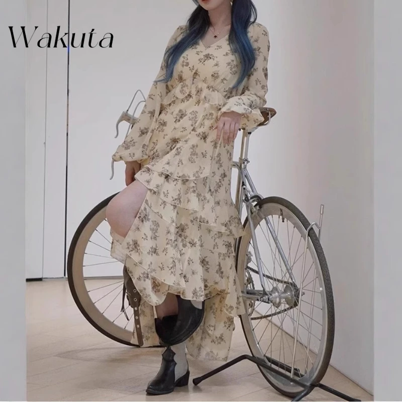 

WAKUTA Japanese Harajuku Retro V-neck Long Sleeve Rose Printed Chiffon Dress Summer Dopamine Vacation Vestidos De Tricô Femenino
