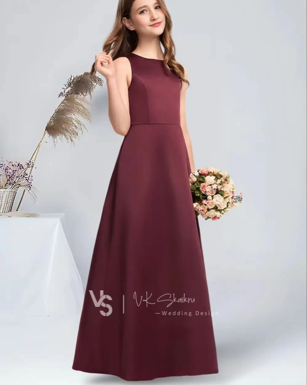 ILO A-line Scoop Floor-Length Satin Junior Bridesmaid Dress Cabernet Flower Girl Dress for Wedding Teen Dress Special Occasions