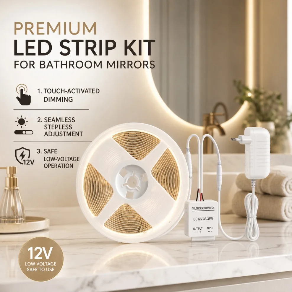 DC12V Touch Dimmable COB LED Strip Kit with EU/US Power Plug for Vanity Makeup Mirror Bathroom Dressing Table Backlight Decor