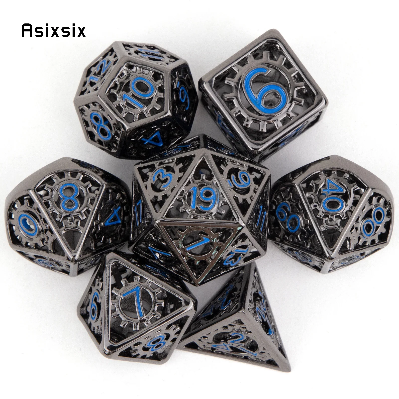 

7 Pcs Black Blue Gear Wheel Metal Dice Hollow Metal Polyhedral Dice Set Suitable for Role-Playing RPG Board Game Card Game
