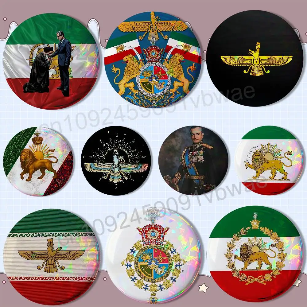 

Persia Belief Faravahar Iran 58mm 44mm Pins Creativity Printed Pictures Text Metal Lapel Badges Brooches Jewelry Gift Wholesale