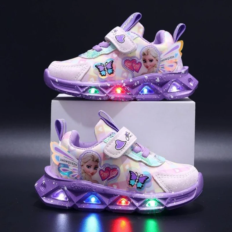 Disney LED Sneakers Casual per bambini per ragazze primavera autunno Frozen Elsa Princess Pu scarpe in pelle scarpe da passeggio antiscivolo per