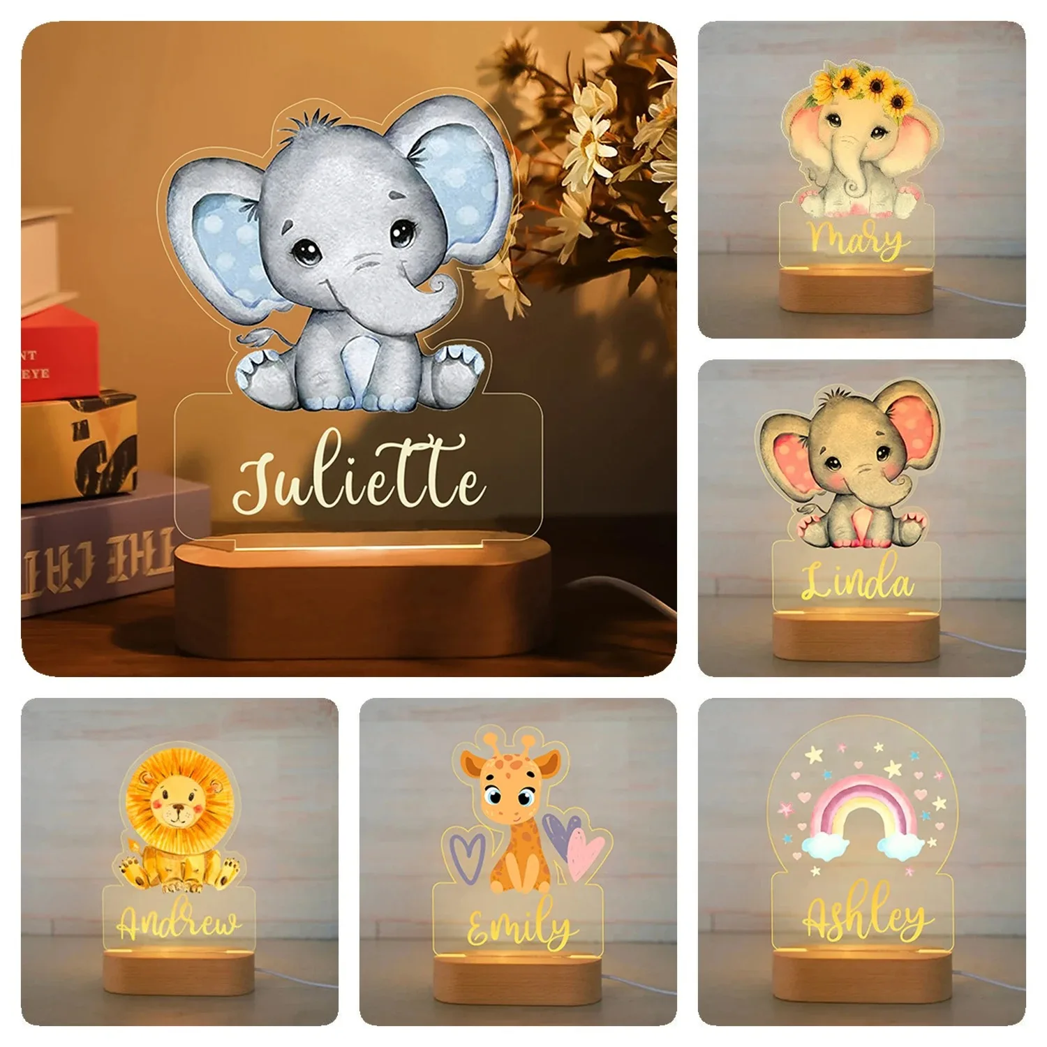 Bilderrahmen-Licht Kinder-Tier-Nachtlicht Personalisierte Acryl-Lampe Baby Kinderzimmer Deko Neugeborenen Geburtstag Weihnachtsgeschenk