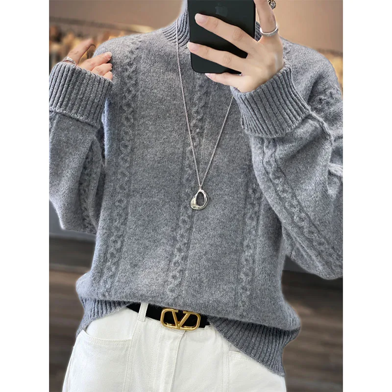 

Hot Sale 100% Pure Wool Knitted Thicker Sweater Women High Collar Long Sleeve Standard Cashmere Knitwear Winter Female Jumpers