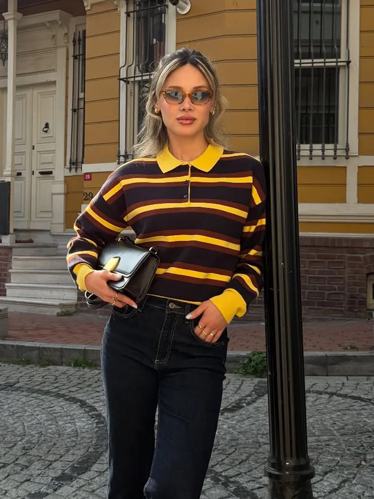 

HH женский модный полосатый свитер с длинными рукавами и пуговицами, воротник-поло, пуловер, вязаный свитер, женский элегантный облегающий топ для отдыха