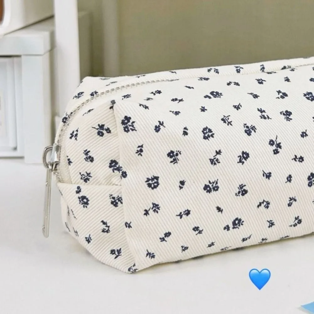 Cute Floral Print Pen Bag Canvas Stationery Bag Large Capacity Pencil Case Multifunctional Stationery Organizer School Supplies