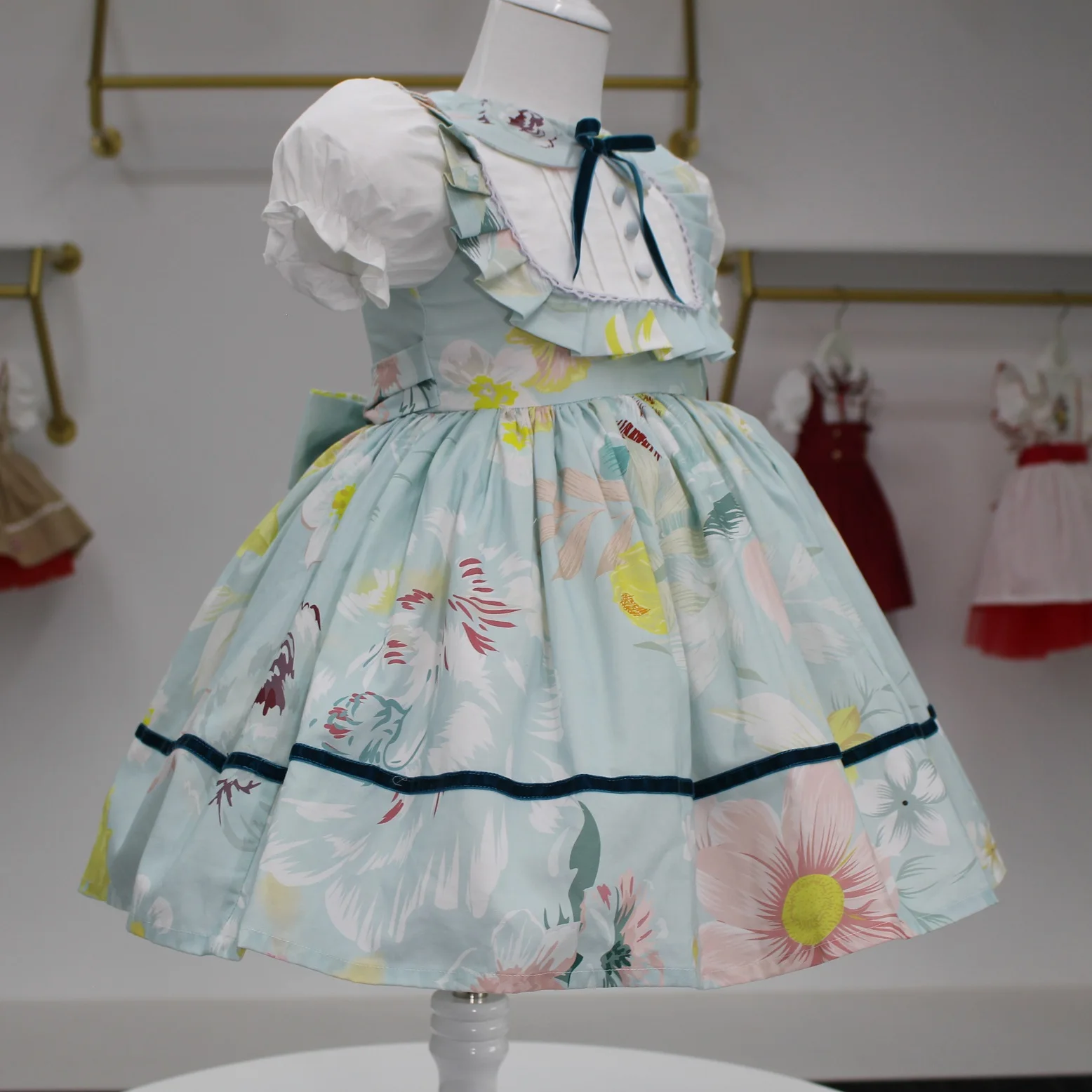 0-12Y Baby Girl Summer Rose Floral Blue Turkish Vintage Lolita Princess Ball Gown Dress for Birthday Holiday Casual Eid B195