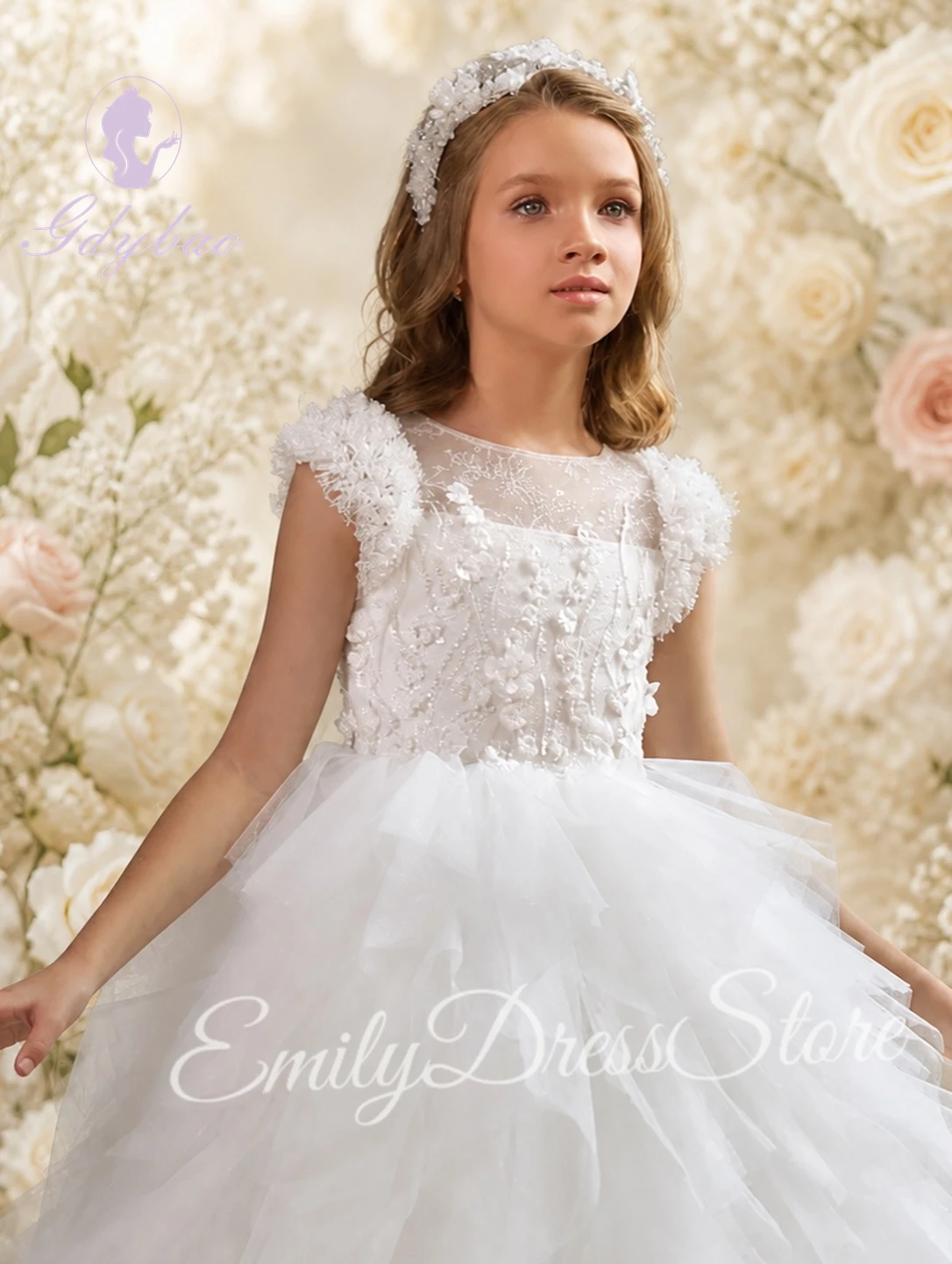 

Customized White Flower Girl Dress for Wedding Layered Luxury Tulle Elegant Puffy Kids Birthday Party First Communion Gown