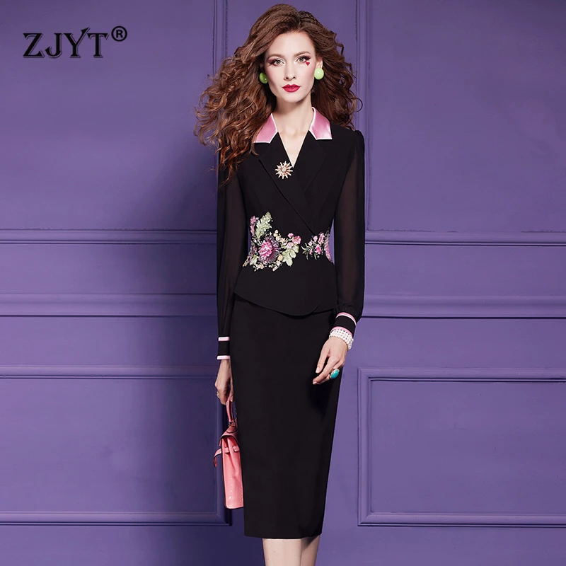 ZJYT Autumn Women\'s Floral Embroidery Black One Piece Dress Long Sleeve Office Lady Work Party Formal Dresses Plus Size Clothes