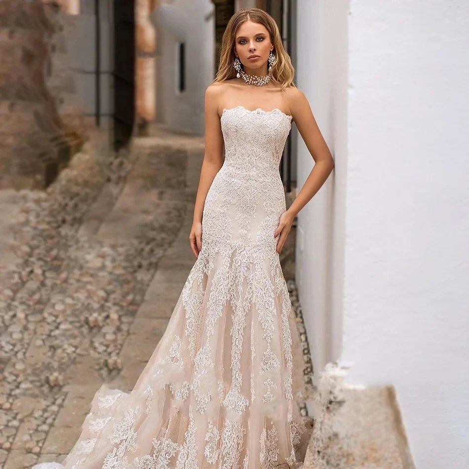 Sexy Strapless Lace Wedding Dress With Jacket 2 IN 1Mermaid Wedding Gown With Detachable Train Vestidos De Novia Customize