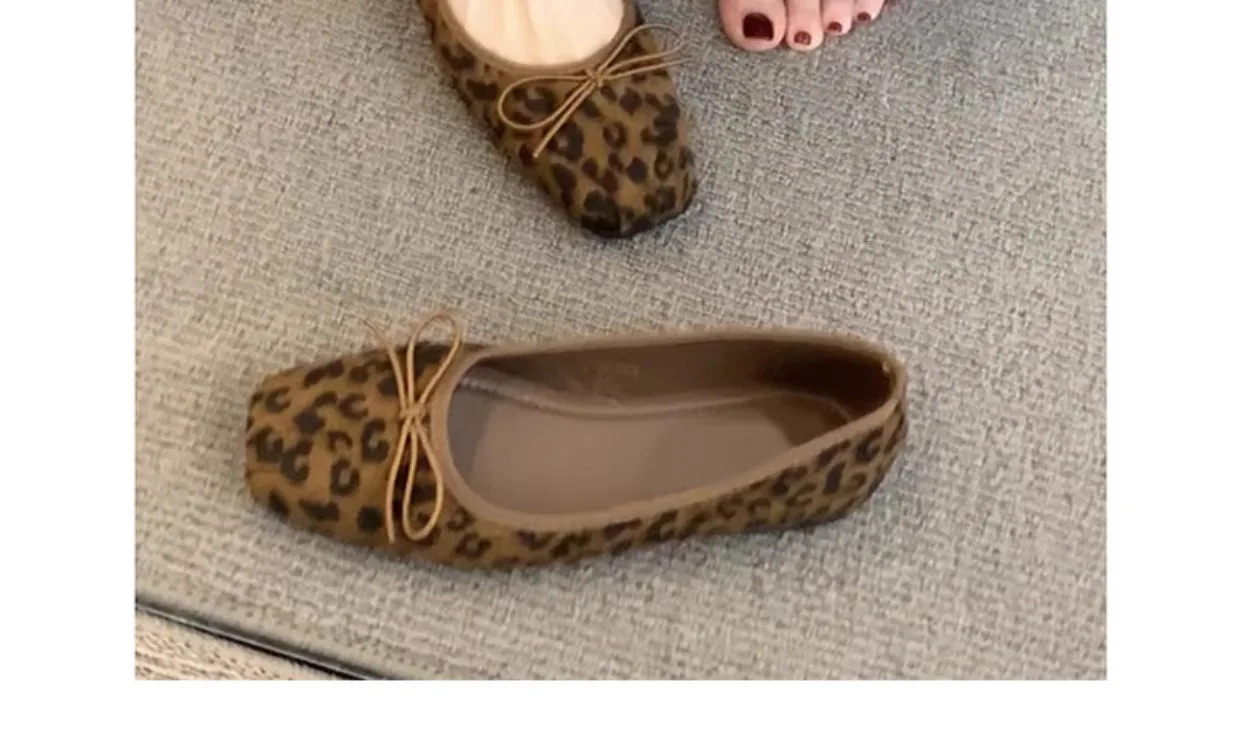 Damen-Ballerinas mit Leopardenmuster, eckiger Zehenpartie und Schleifendekoration, lässige Alltagsschuhe für Damen – Detail 6