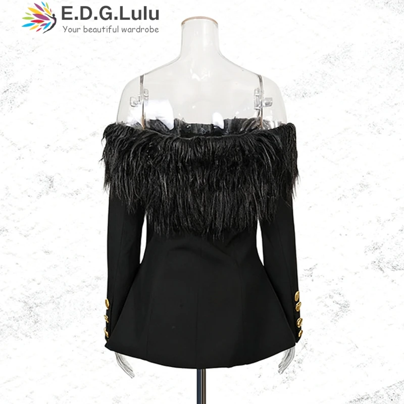 EDGLuLu  2025 New Design Off Shoulder Feather Patchwork Long Sleeved Suit Jacket Ladies Single-Breasted Black Coat 1117