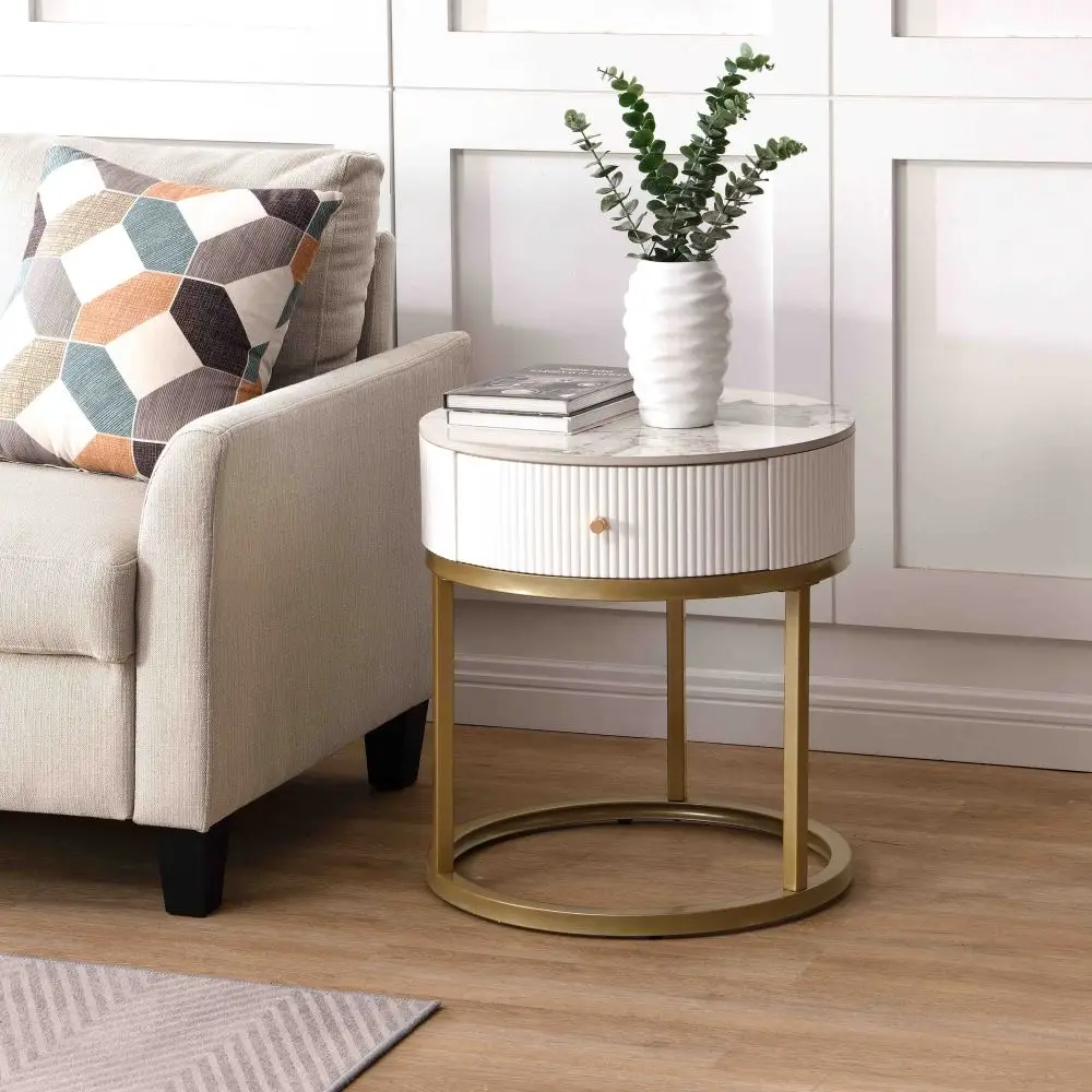 

19.68 Inch Modern Nightstand with Drawer, Marble Round End Table with storage, Side Table for Living Room&Bedroom