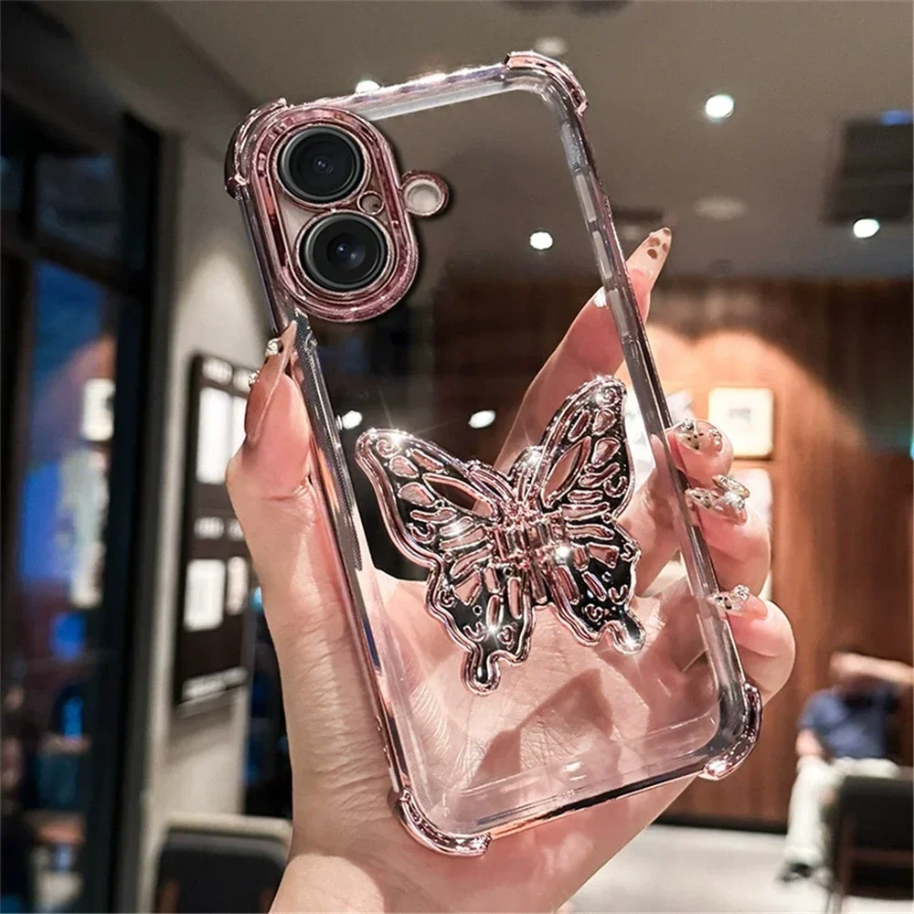 Transparent Butterfly Holder Anti Drop Cover For iPhone 16 15 14 Plus 13 12 11 Pro S MAX XR 7 Shockproof Protection Phone Case