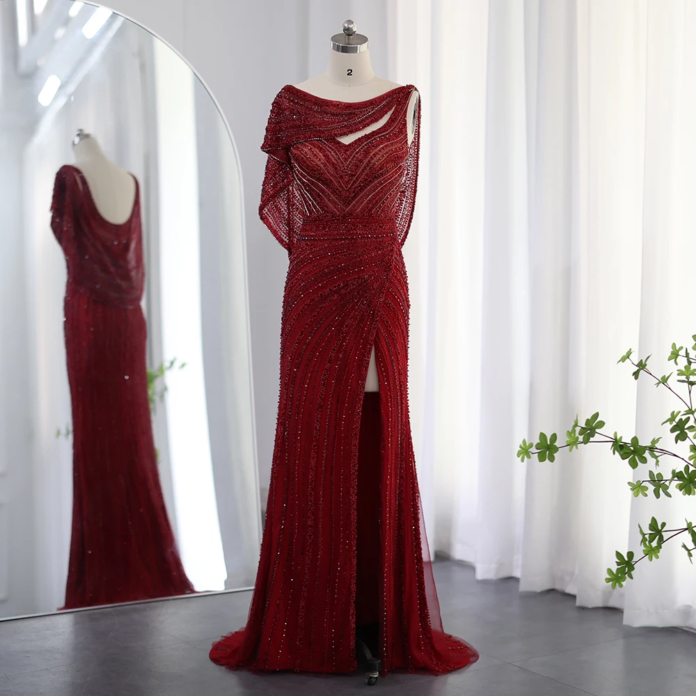 Sharon Said Luxuriöses Silbernes Meerjungfrauenkleid für Hochzeitsfeier mit Cape, Perlenbesetztes Schlitz-Abendkleid SS035 Maßanfertigung – Detail 17