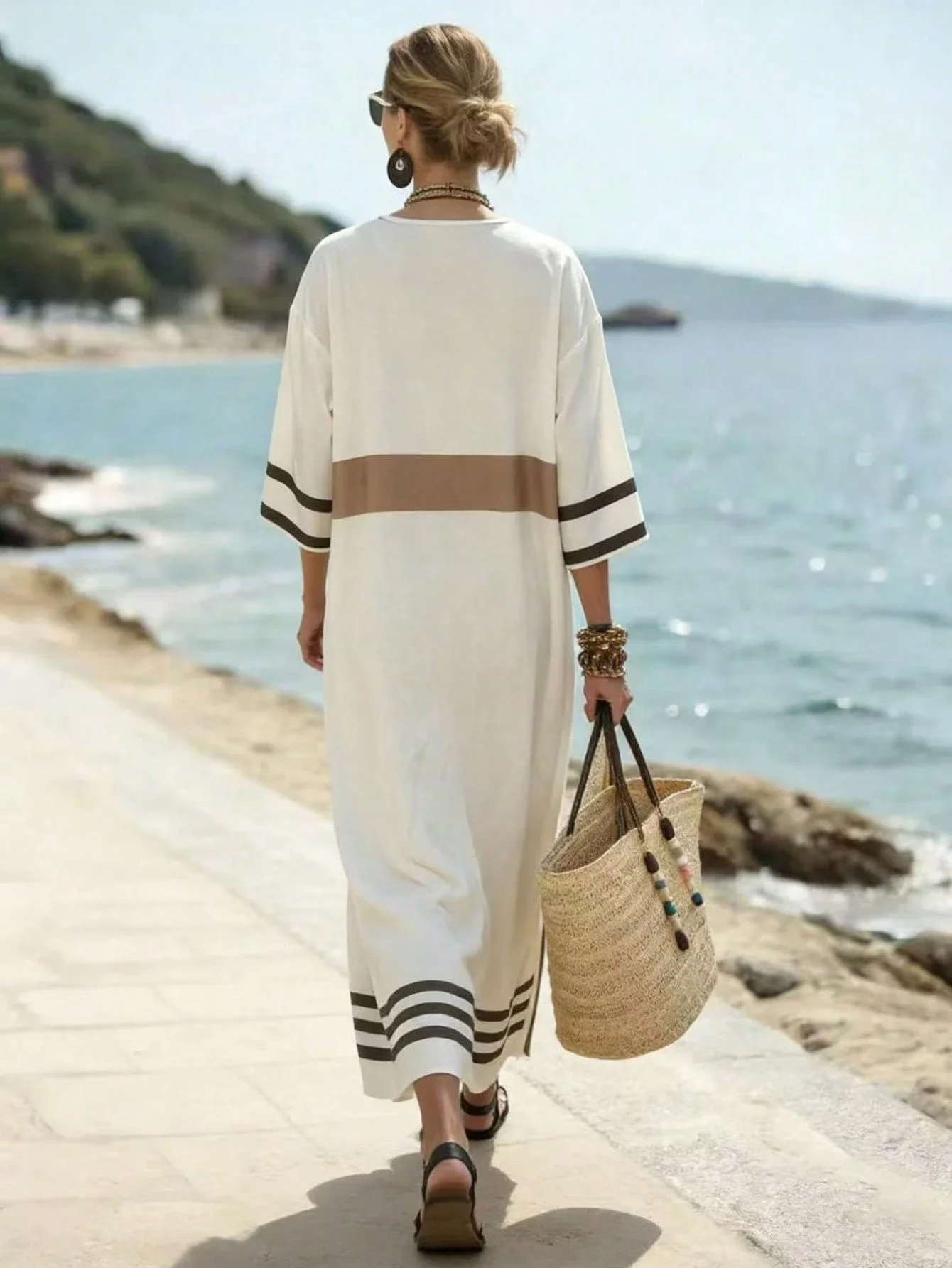 

Cream Loose Maxi Dress With V-Neck, 3/4 Sleeves, Striped & Palm Print, Boho Style For Beach Vacation Casual Wear