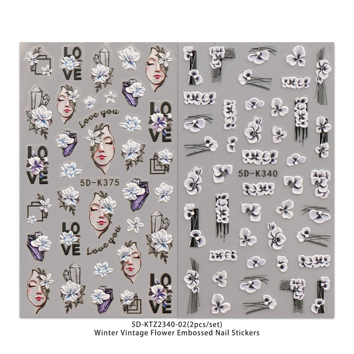 2pcs winter retro flower embossed nail art stickers, easy to apply for nail decoration, DIY, gift, party makeup look, artistic