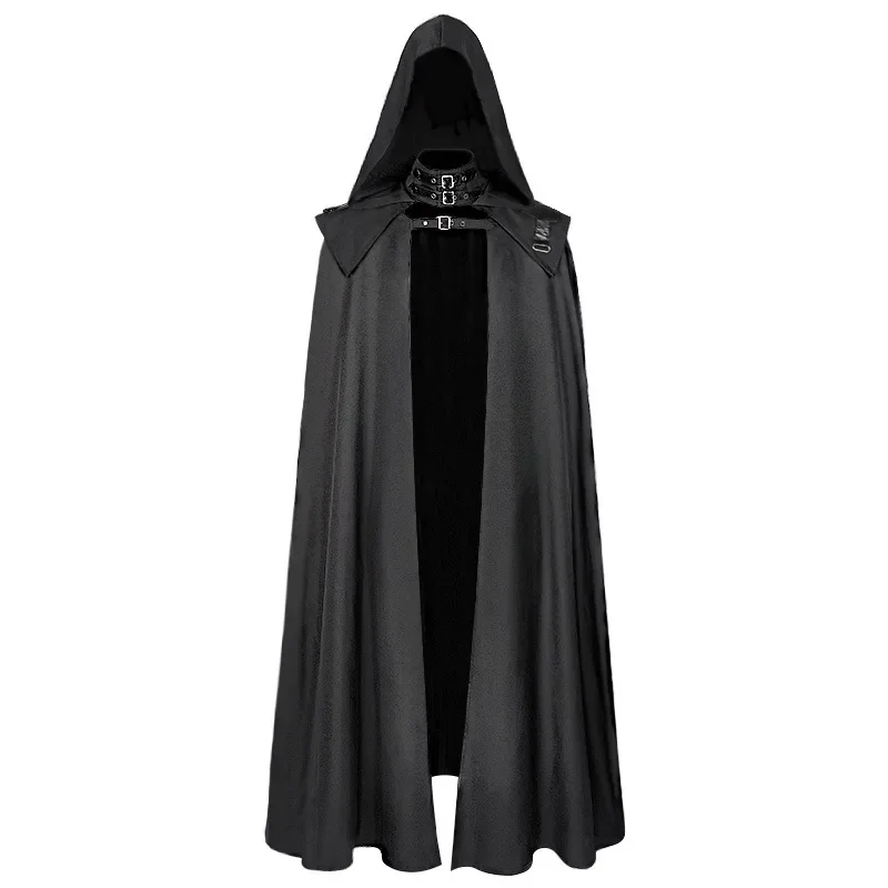 Medieval Cloak Hooded Coat Men Assassin Cosplay Costume Vintage Gothic Buckled Stand Shoulder Knights Maxi Cape