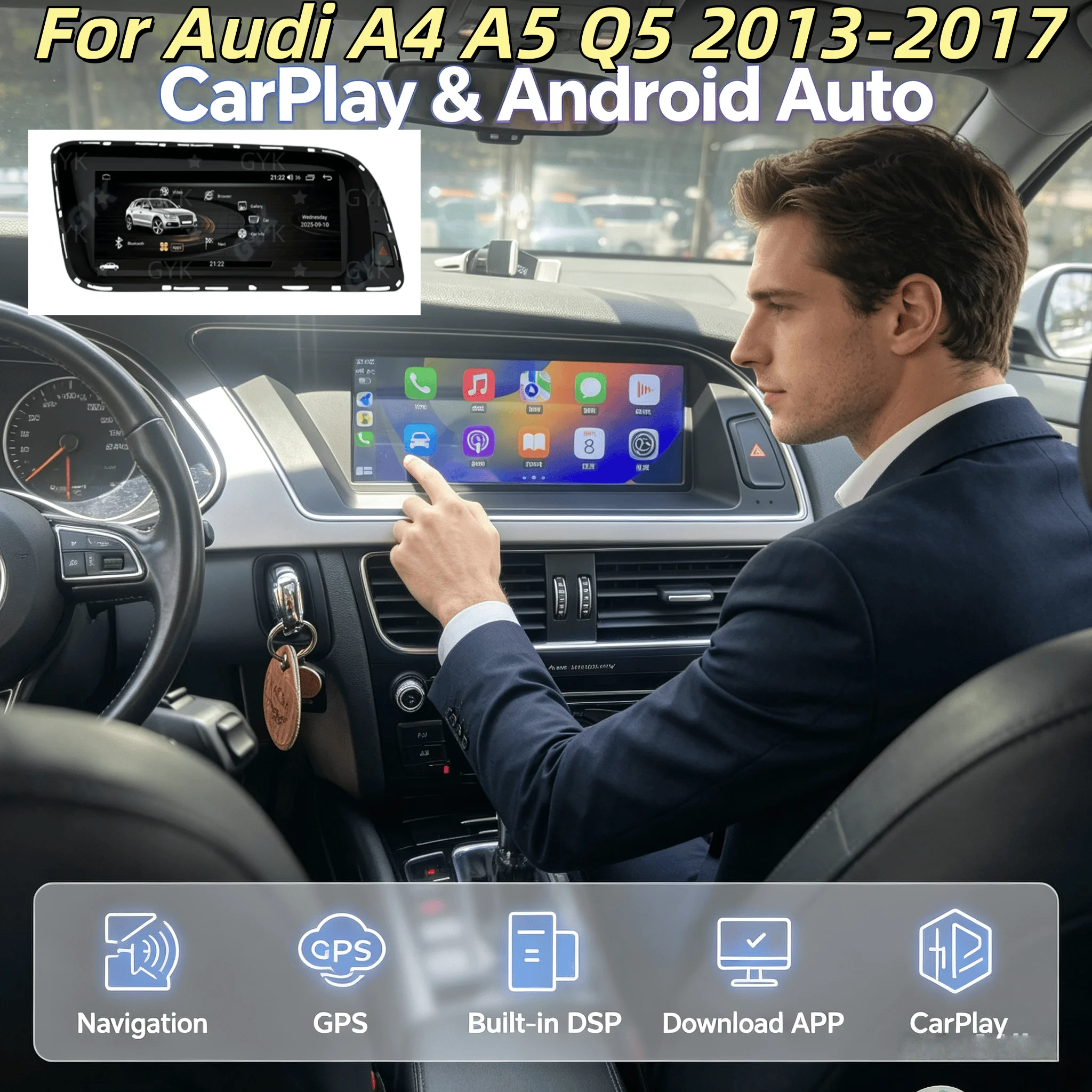 8.8 Inch Android 14 Screen For Audi A4 A5 Q5 2013-2017 Carplay BT GPS Navigation Radio WIFI SIM Auto Car Multimedia Stereo 4G