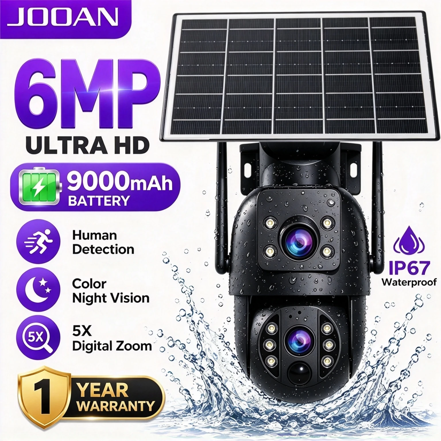 JOOAN 6MP Dual Lens Solar WiFi Camera Outdoor PIR Human Detection IP67 Waterproof Home Security IP Camera Built-In Battery CCTV
