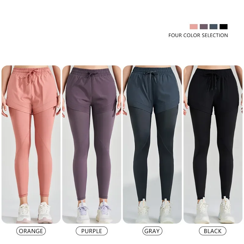 Pantaloni sportivi da donna Pantaloni da yoga finti in due pezzi Stretch Fitness Corsa Esercizio in tinta unita Pantaloni da nove minuti