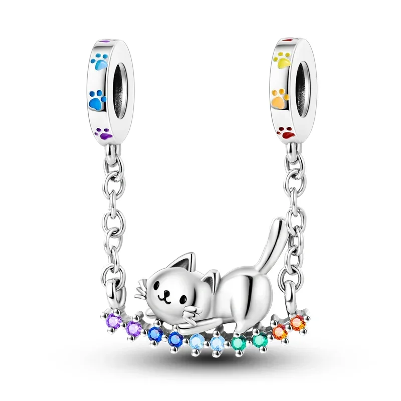 Original 925 Sterling Silver Rainbow Animal Safety Clip Jewelry Clip Beaded Charm for Pan DIY Bracelet Ladies Jewelry Gift