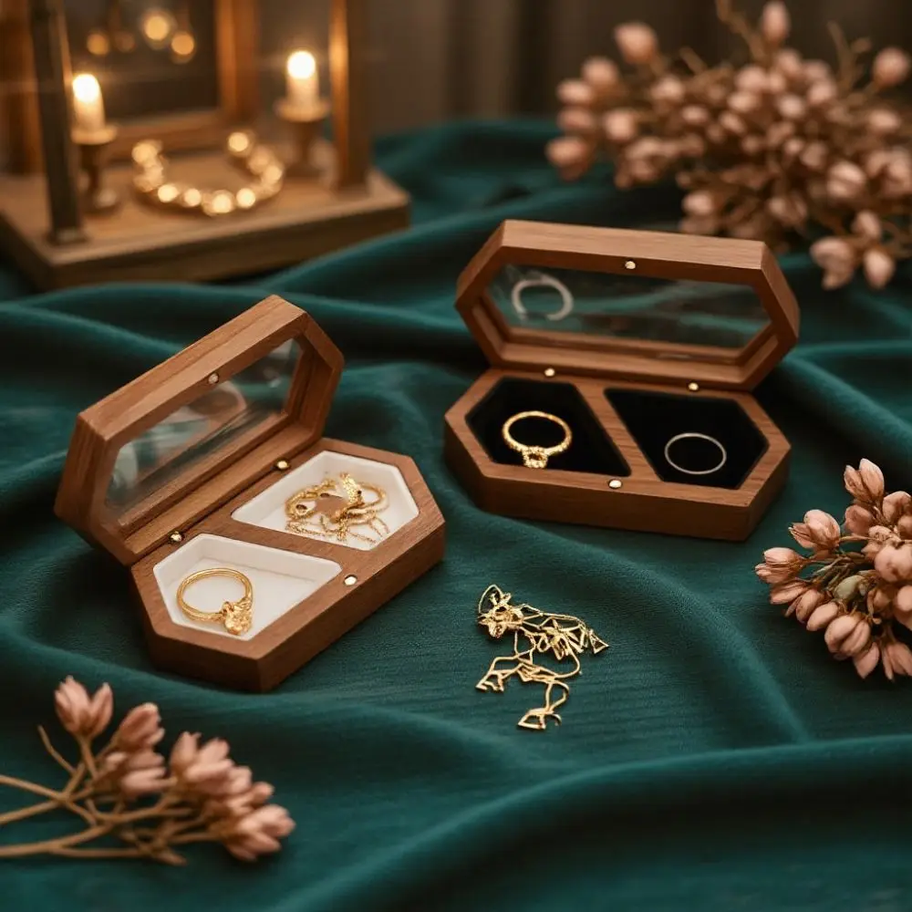 

Portable Velvet Mini Wood Rings Box Luxury Necklace Earrings Rings Bearer Box Dust-proof Wedding Rings Display Case Couple
