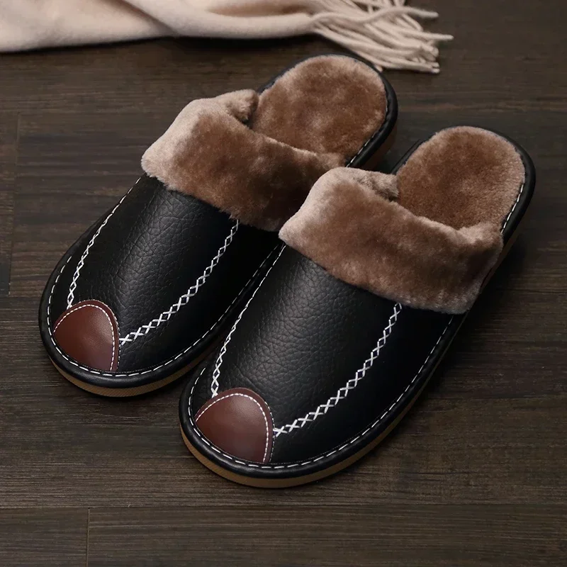 FONGIMIC Men Slippers Black New Autumn PU Leather Slippers Warm Indoor Slipper Waterproof Home Shoes Men Warm Leather Slippers