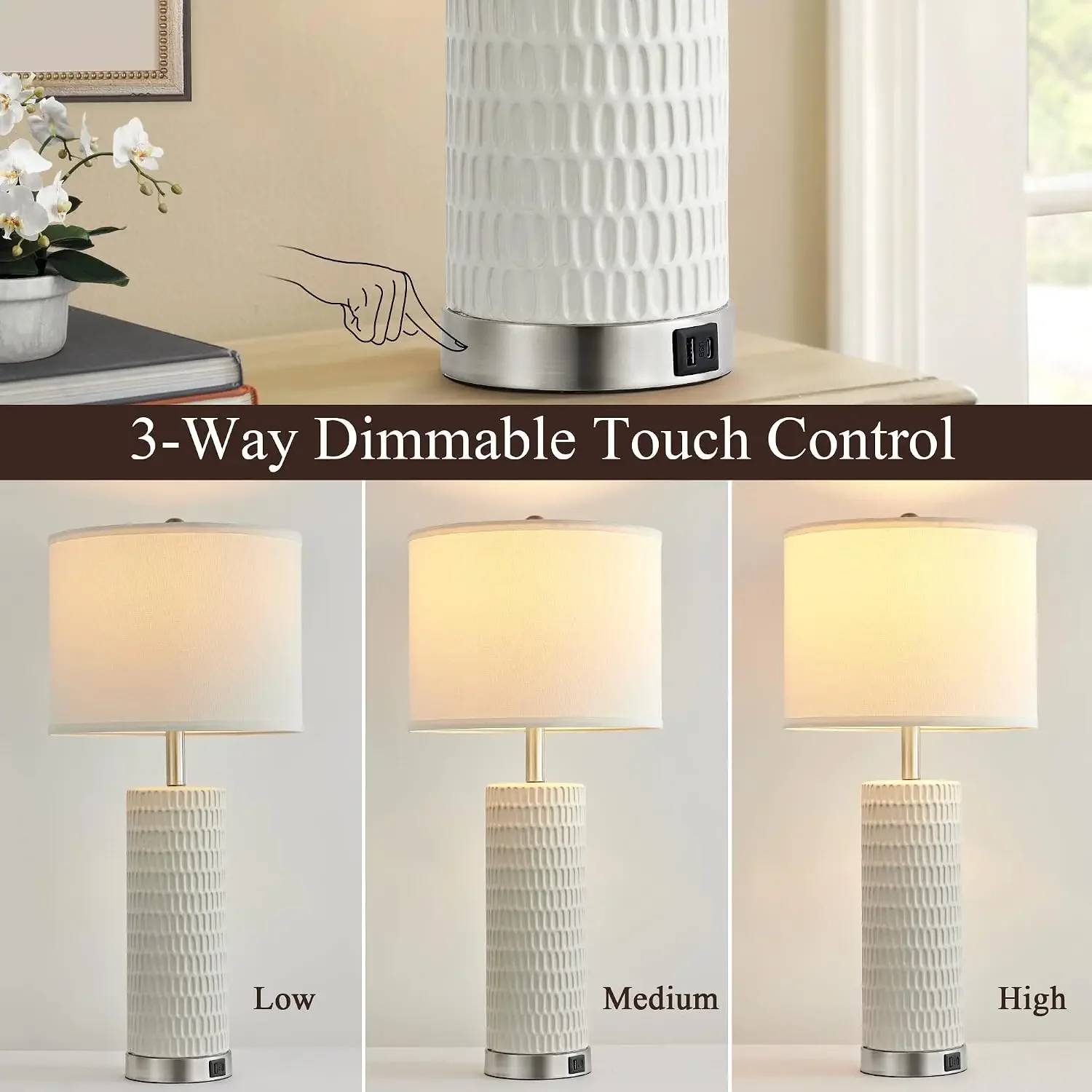 26.5" Ceramic Table Lamp Set of 2, 3-Way Dimmable Touch Control with USB Charging, Modern Nightstand Lamps for Bedroom Living Room, Bulbs Included view 3