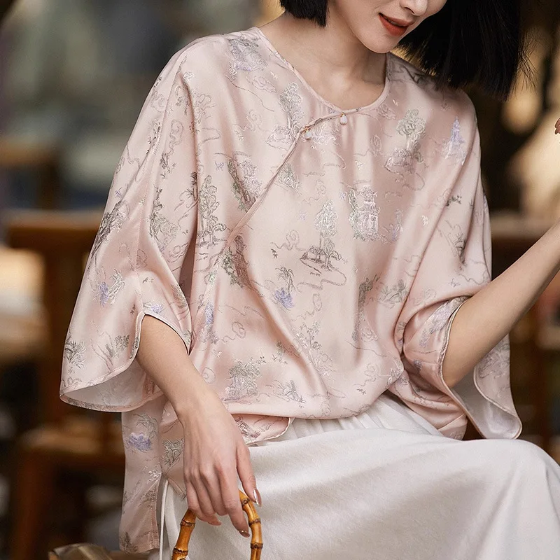 デザインセンス新しい中国シルクチャイナドレス小さなシャツハイエンド国民スタイル Tシャツ半袖ピンクブラウス女性の夏