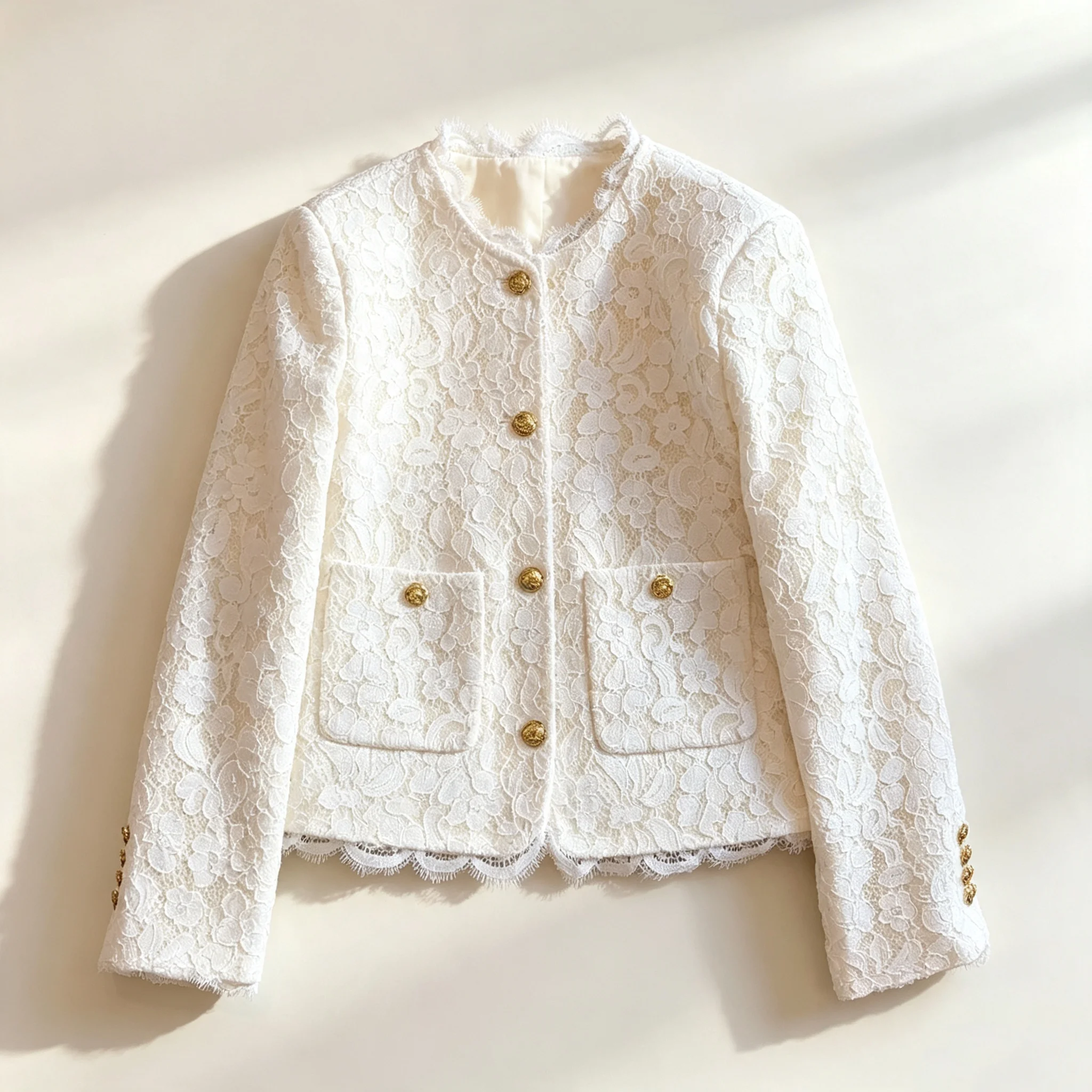 Women's Lace Stitching Short Overcoat Jacket Loose Long Sleeve Chic Autumn 2026 Fashion Elegant Office Lady Top