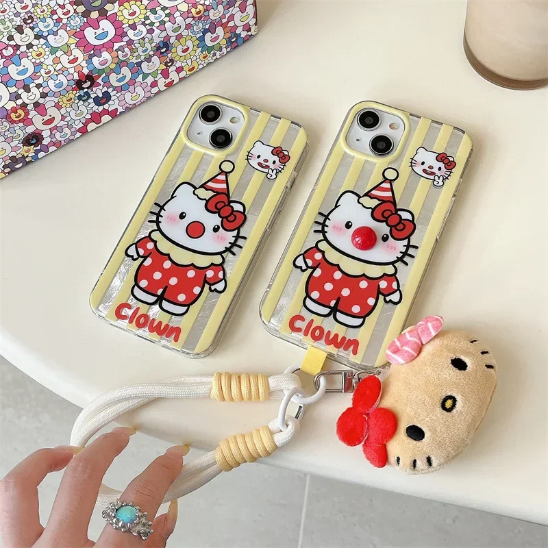 Hello Kitty Joker Funny Clown doll transparent Phone Case For iPhone 15 14 13 12 Pro Max Case Cute Hanging rope Shockproof Cover