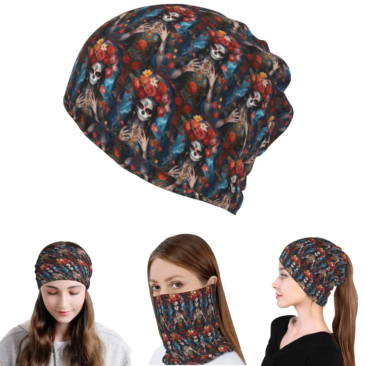 Mexican Catrina Sugar Skull Lady Bandana Neck Cover Mask Scarf Multifunction Headwear Beanies Hat Unisex Adult Breathable