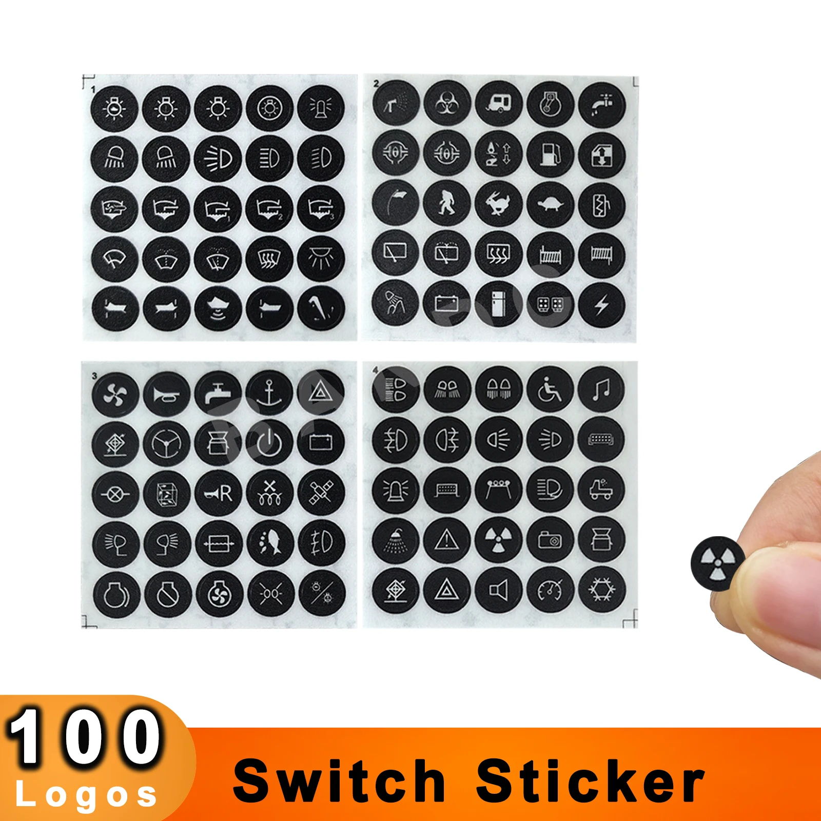 11mm Waterproof Round Button Stickers | 100-Icon Universal Labels for 12V/24V LED Push Switches (Marine/Automotive/Instrument)