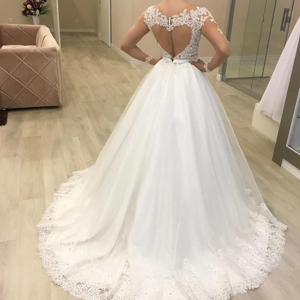 Vestido de novia de manga larga con cuello en V y cuentas de encaje, vestido de baile de princesa, vestido de novia de talla grande