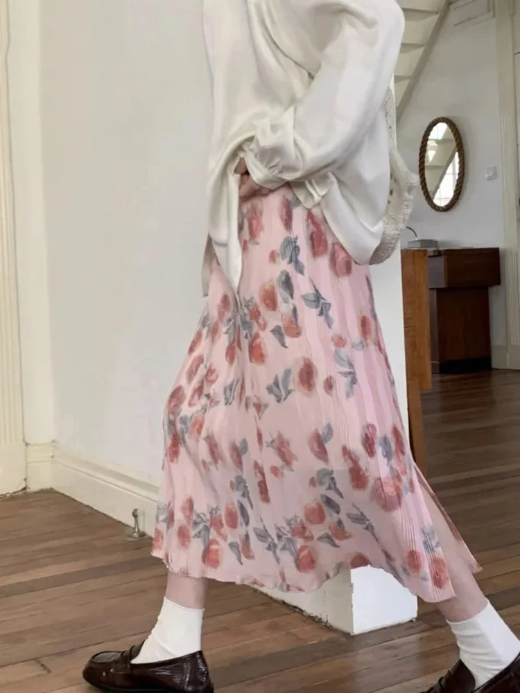 Women Skirts Sweet Stretch High Waist Floral Printed Vintage Sweet Elegant French Style Chic Long Skirt Ladies Casual