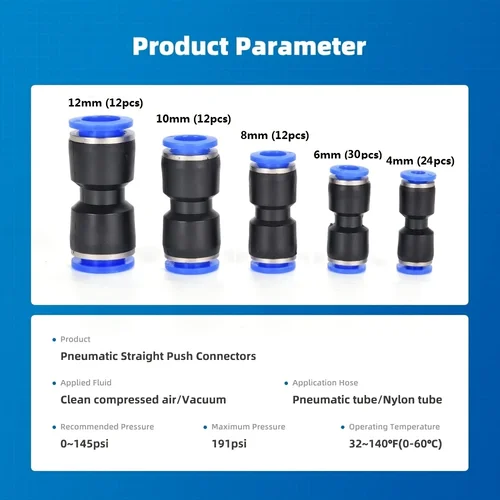 Imagen 2 del producto Kit de ajuste de manguera de aire de conexión rápida universal de 90 piezas para tubos de 4/6/8/10/12 mm - Conectores push-on de plástico con accesorios de manguera estilo tapa de desconexión rápida