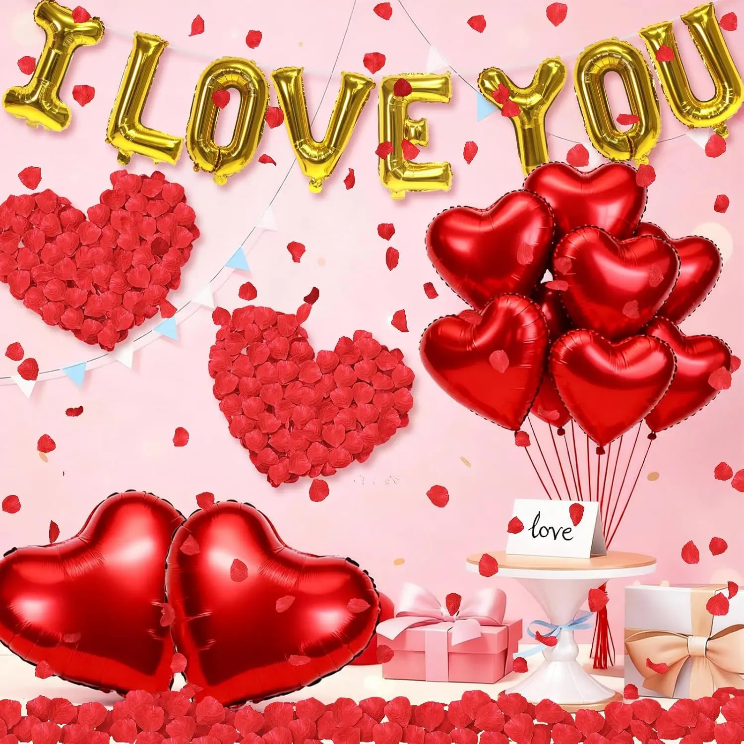 Folienballon „I Love You/Red Heart Love“, 1000 Stück Rosenblätter für Hochzeit, Jahrestag, Valentinstag, romantische besondere Nachtparty – Detail 20