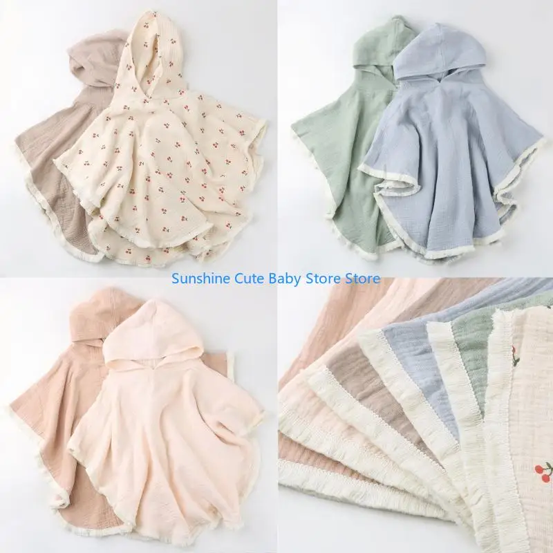 

C5AF Cartoon Baby Hooded Towel Cotton Bathing Towel for Boys Girls 2-Layers Bathrobe Breathable Sleepwear Infant Ponchos