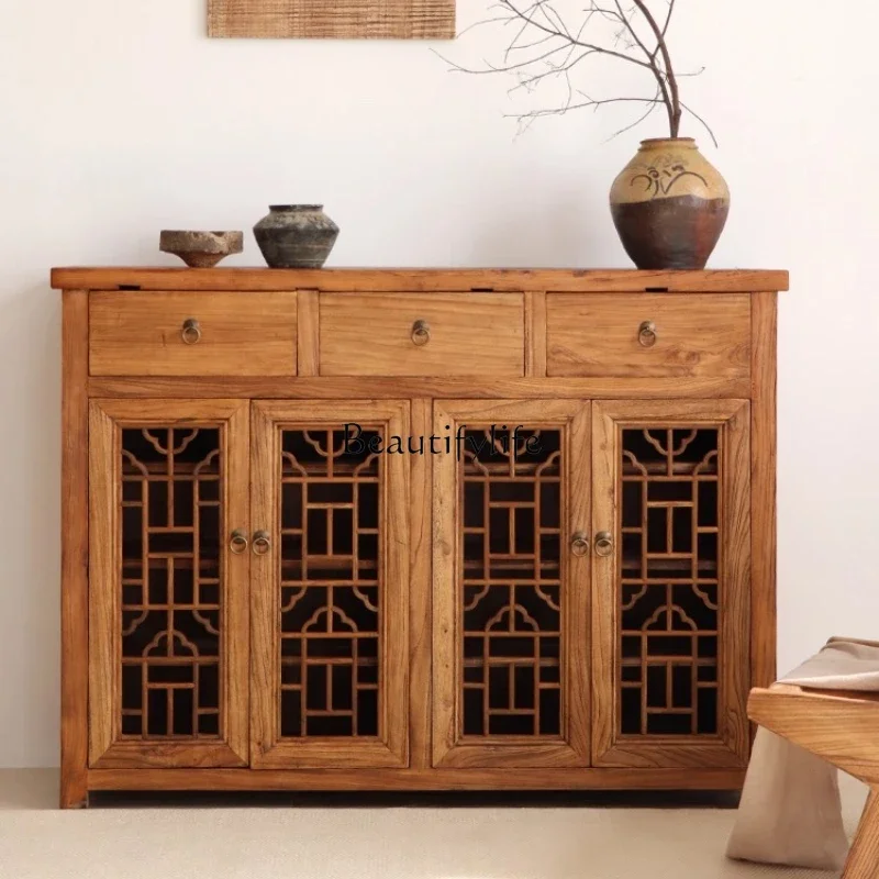 

ls 18Wabi-Sabi Style Solid Wood Sideboard Vintage Style Elm Wood Carved Window Hollow Old Chinese Style Sideboard