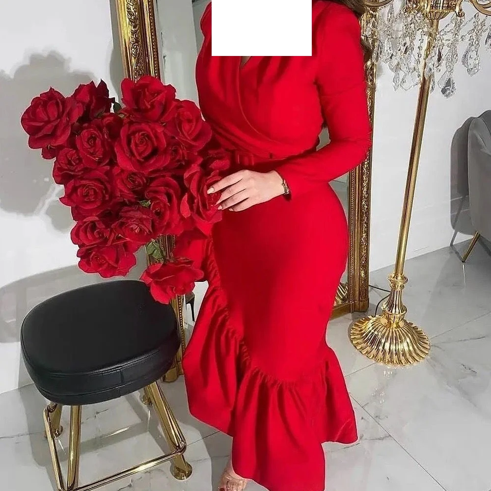 Mermaid V-Neck Jersey Full Sleeves Elegant and Temperament Evening Dresses Ruffles Criss-Cross Pleats Belt Saudi Arabia 2024