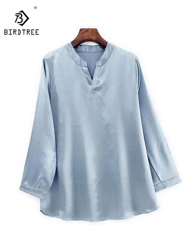 

BirdTree-22MM Silk Elegant T-Shirt, V Neck Long Sleeve Solid, Women Temperament Workplace Loose Top, 2025 Winter New T5N598CC