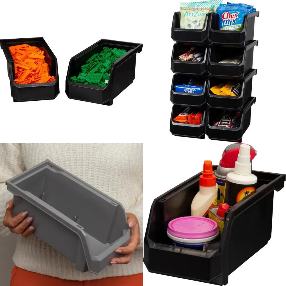 

Средние штабелируемые контейнеры для хранения, набор из 8 штук, черные, идеально подходят для шкафа, кухни, офиса, гаража, кладовой