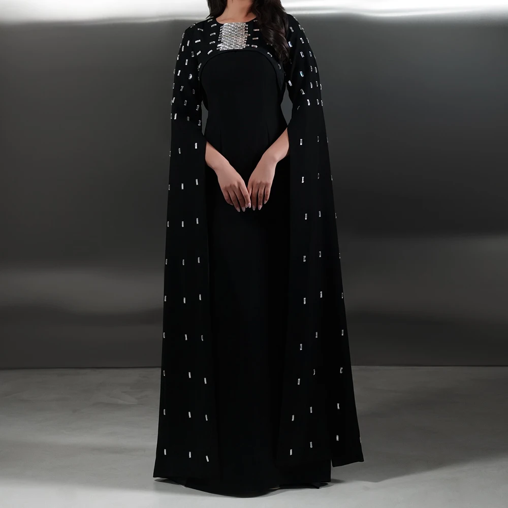 فساتين سهرة مخصصة على شكل حرف A بطول الأرض ورقبة سكوب وأكمام طويلة فستان حفلات موضة كريستال بسيط ثنيات #1