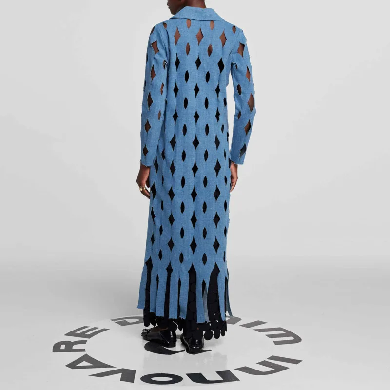 Kwtx feminino longo denim trench coat leve recorte franja minimalista elegante designer de luxo primavera verão 2025 outwear